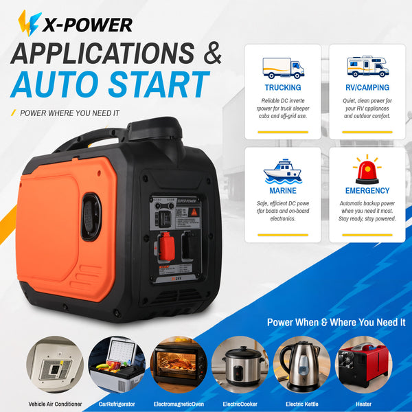 1200Watt 12 Volt Quiet Portable DC Inverter Generator 1000W 12V DC Gas Generator with Bluetooth Remote Auto Start for Truck Battery Charging_ XP1500EZ-B
