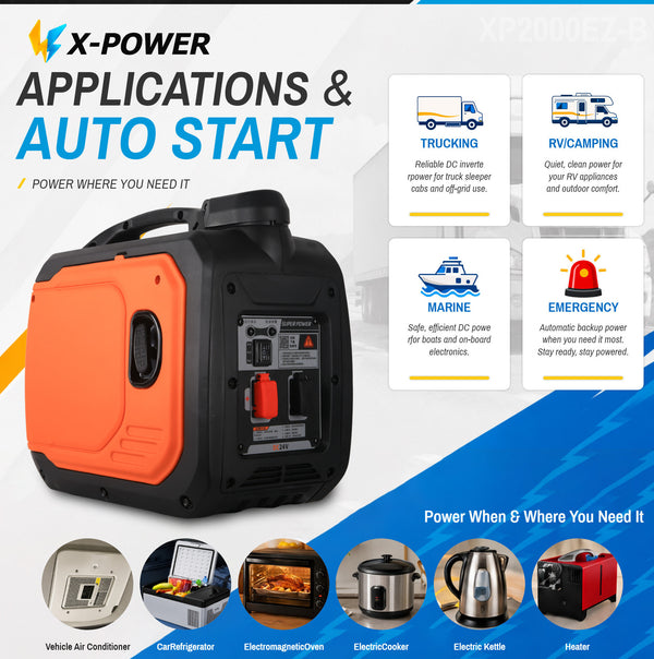 2000Watt DC Inverter Generator 24V/48V/60V Optional Portable Silent Gas Auto Generator for Truck Air Conditioner RV Marine_XP2000EZ-B
