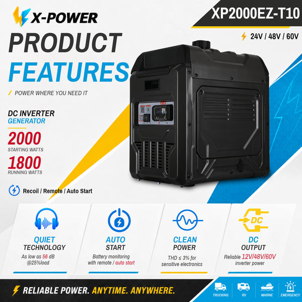 2000Watt Gas Power DC Generator 24V 48V 60V Small DC Gasoline Generator with Remote Auto Start for Battery Charging Truck RV Backup_XP2000EZ-T10