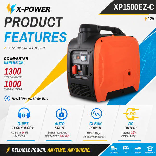 1300 Watt Portable Small 12V DC Inverter Gasoline Generator with Bluetooth Remote Auto Start for RV Truck Marine Backup Power_XP1500EZ-C