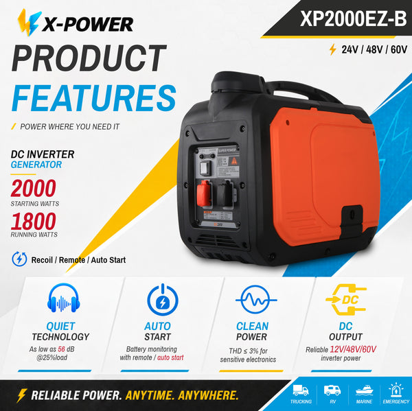 2000Watt DC Inverter Generator 24V/48V/60V Optional Portable Silent Gas Auto Generator for Truck Air Conditioner RV Marine_XP2000EZ-B