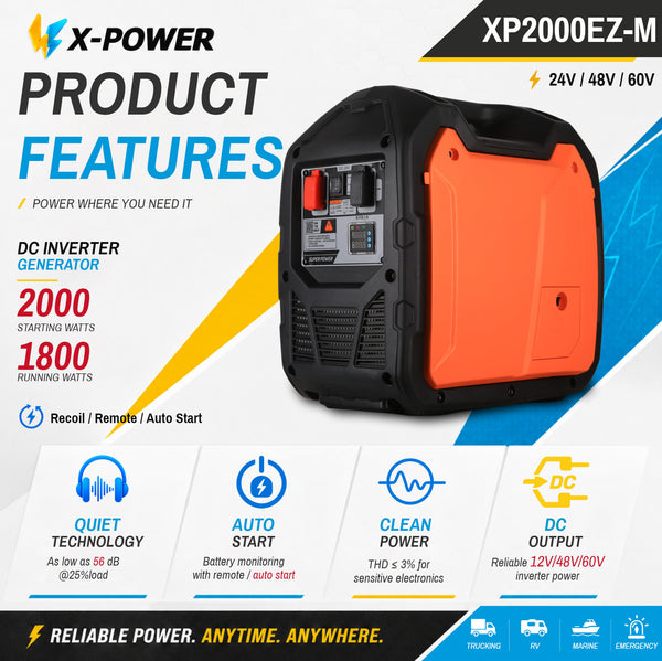 2000Watt DC Gasoline Generator 24V 48V 60V Silent DC Inverter Generator with Bluetooth Auto Start for Truck RV_XP2000EZ-M