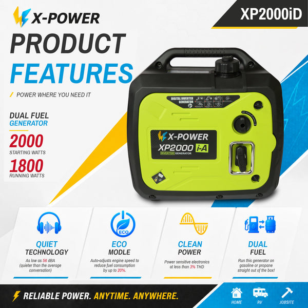 2000 Watt Dual Fuel Inverter Generator 110V-240V Quiet Gasoline Propane for RV Camping Home Backup-XP2000iD