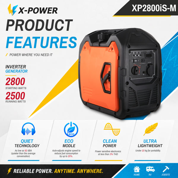2800 Watt Compact Silent Portable Inverter Generator with 230V AC 12V DC Output for Outdoor Home_XP2800iS-M
