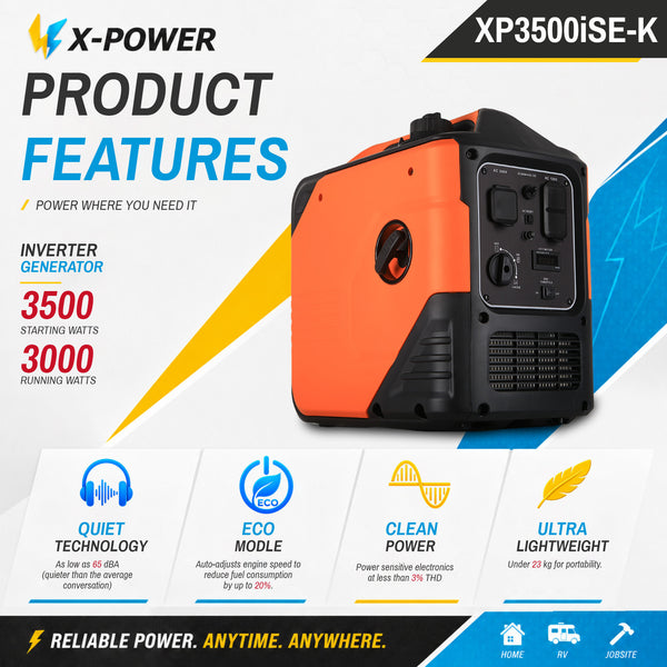 3500 Watt Quiet Portable Inverter Generator 3000 Watt Gasoline Power 120V/240V 20/30 AMP Electric Start for Home Backup RV Camping Outdoor Work_XP3500iSE-K