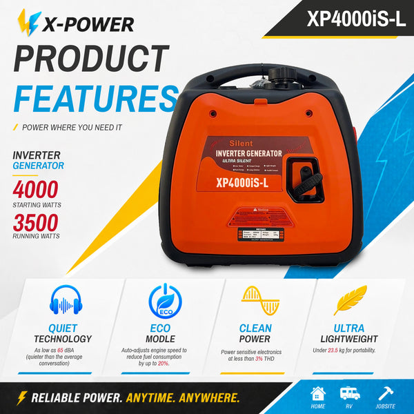 4000 Watt Quiet Portable Inverter Generator with 110V 120V 230V 240V Output for RV Camping Home _XP4000iS-L