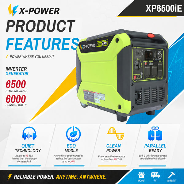 6000 WattHigh Power Quiet Inverter Generator for Home Backup RV and Outdoor Work-XP6500iE