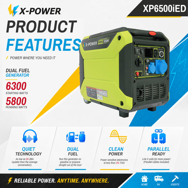 6500 Watt Dual Fuel Inverter Generator Gasoline Propane Electric Remote Start for House-XP6500iED